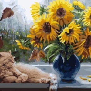 Gato y Girasol al óleo 50x40 cm